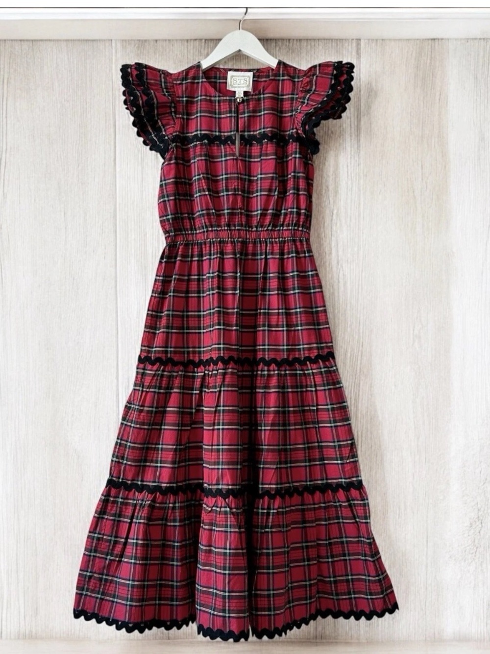 Sail to Sable Women's Red Plaid Tiered Dress with Black Trim